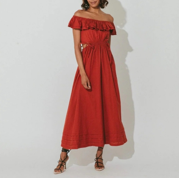 NEW CLEOBELLA Daria Midi Cut Out Sides Dress in deep brick Cotton/Linen - Picture 4 of 13